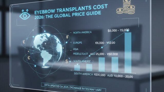 A futuristic digital display showing a global map and a bar chart titled "Eyebrow Transplants Cost 2026: The Global Price Guide." The graphic lists estimated price ranges for North America ($8,000–$15,000), Europe, Asia, the Middle East, South America, and Australia. The data is noted as updated for Q4 2025.
