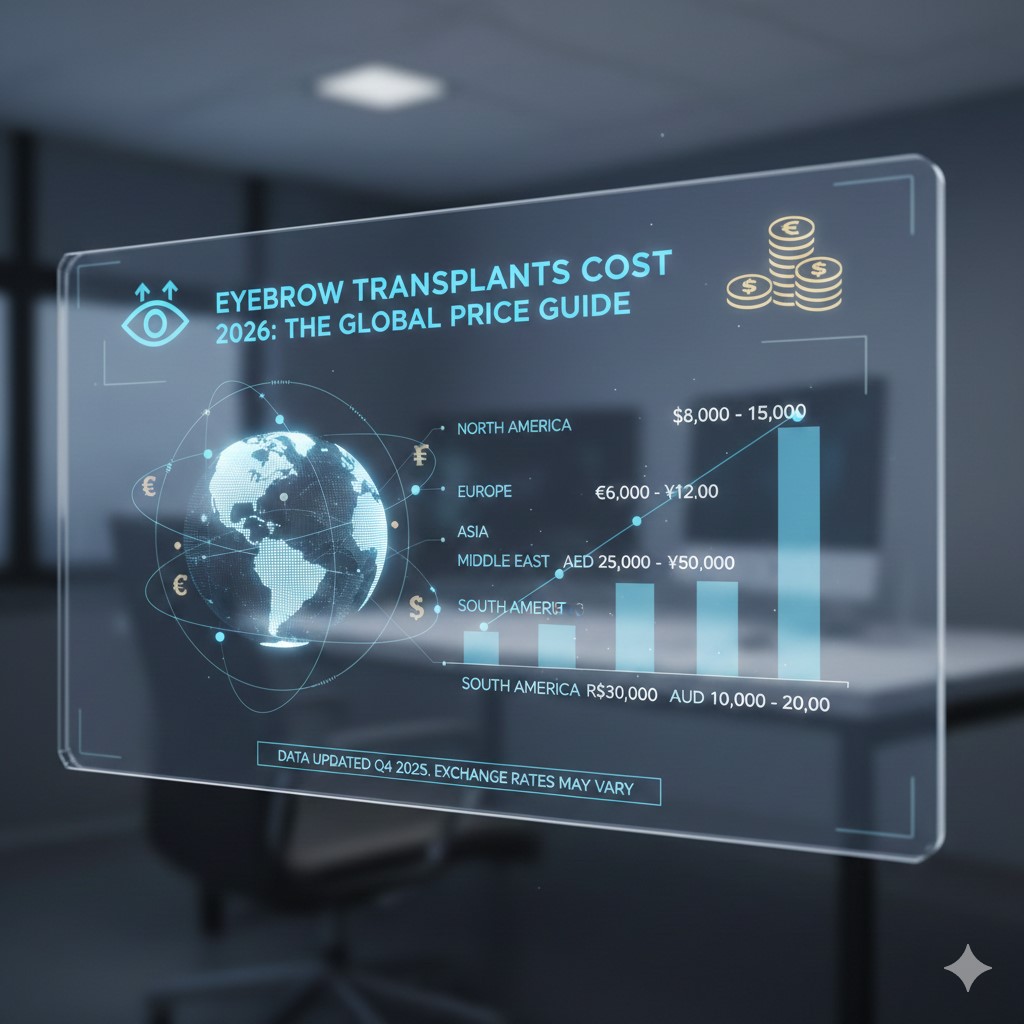 A futuristic digital display showing a global map and a bar chart titled "Eyebrow Transplants Cost 2026: The Global Price Guide." The graphic lists estimated price ranges for North America ($8,000–$15,000), Europe, Asia, the Middle East, South America, and Australia. The data is noted as updated for Q4 2025.