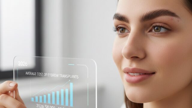 A woman with full, shaped eyebrows holding a digital display showing a bar graph of average eyebrow transplant costs in 2026, ranging from $8,000 to $15,000.