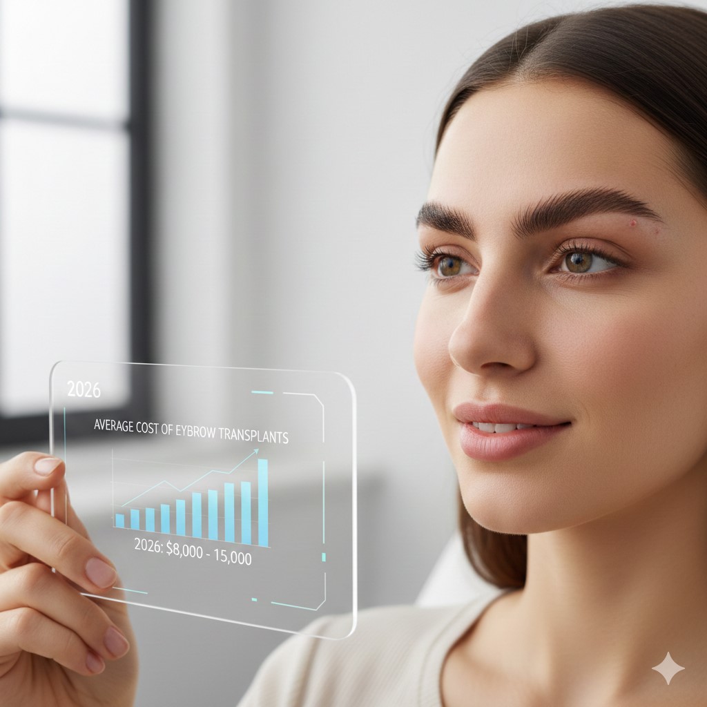 A woman with full, shaped eyebrows holding a digital display showing a bar graph of average eyebrow transplant costs in 2026, ranging from $8,000 to $15,000.