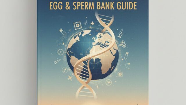 A professional book cover titled "Fertility Preservation Abroad: Egg & Sperm Bank Guide." The design features a stylized globe surrounded by a double helix DNA strand, set against a soft blue and gold sunset background. At the bottom, a silhouette of international city skylines underscores the global nature of the guide.