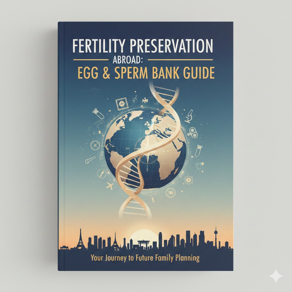 A professional book cover titled "Fertility Preservation Abroad: Egg & Sperm Bank Guide." The design features a stylized globe surrounded by a double helix DNA strand, set against a soft blue and gold sunset background. At the bottom, a silhouette of international city skylines underscores the global nature of the guide.