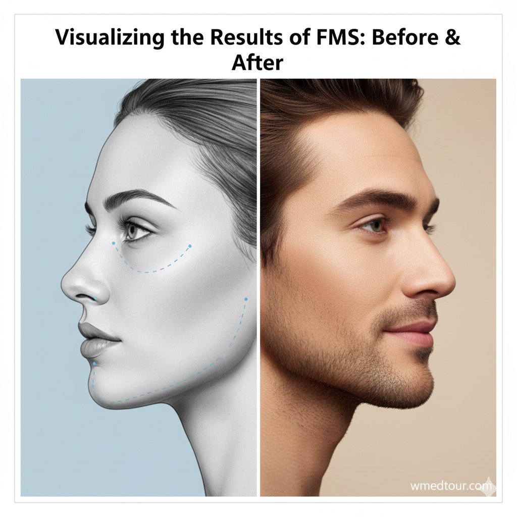 Brief, descriptive text for screen readers and SEO, capturing the essential subject and contrast.Suggested Alt Text: Split image visualizing the potential results of Facial Masculinization Surgery (FMS). The left side is a line art drawing of a feminine facial profile with dotted surgical lines indicating desired changes to the forehead, cheek, and jawline. The right side is a photograph of a masculine facial profile, showing a stronger jawline, a straighter nose, and a more pronounced brow bone.