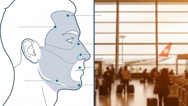 Professional diagram illustrating key Facial Masculinization Surgery (FMS) procedures (forehead, nose, jawline, chin) next to a blurred photo of travelers in an airport, symbolizing medical tourism and procedures abroad.