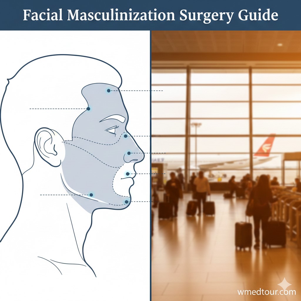 Professional diagram illustrating key Facial Masculinization Surgery (FMS) procedures (forehead, nose, jawline, chin) next to a blurred photo of travelers in an airport, symbolizing medical tourism and procedures abroad.