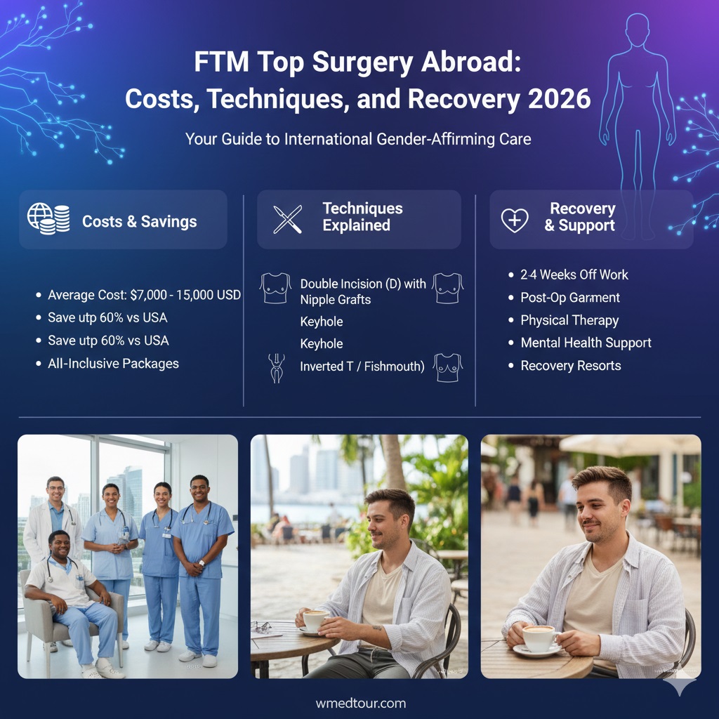 Infographic showing a comparison of high FTM Top Surgery costs in Western countries versus low costs and fast availability in popular medical tourism destinations like Turkey or Thailand.