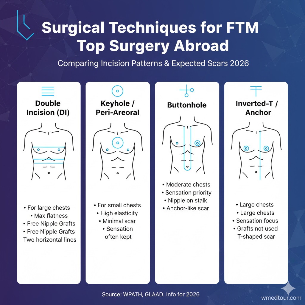 Diagram illustrating the three main FTM Top Surgery techniques: Double Incision (long horizontal scar), Peri-Areolar (scar around areola), and Keyhole (minimal scar), showing the resulting chest contour and scar placement.