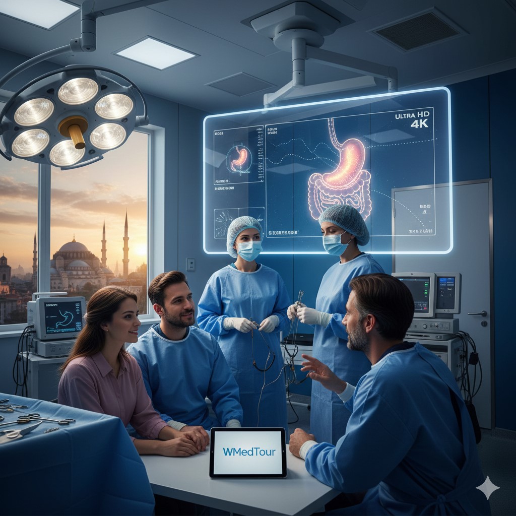 A digital illustration of a surgical team in blue scrubs discussing a stomach procedure with a couple in a high-tech operating room. A large digital screen displays the digestive system, and a window shows the Istanbul skyline with the Blue Mosque at sunset.