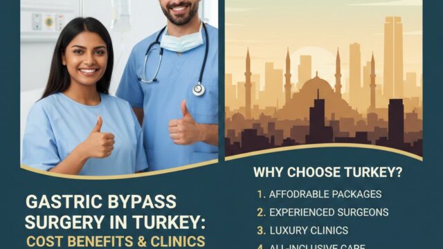 An educational graphic about gastric bypass surgery in Turkey for 2026. On the left, a smiling patient and a male doctor give a thumbs-up. On the right, a silhouette of the Istanbul skyline. Text highlights affordable packages, experienced surgeons, luxury clinics, and savings of up to 70% compared to the EU and USA.