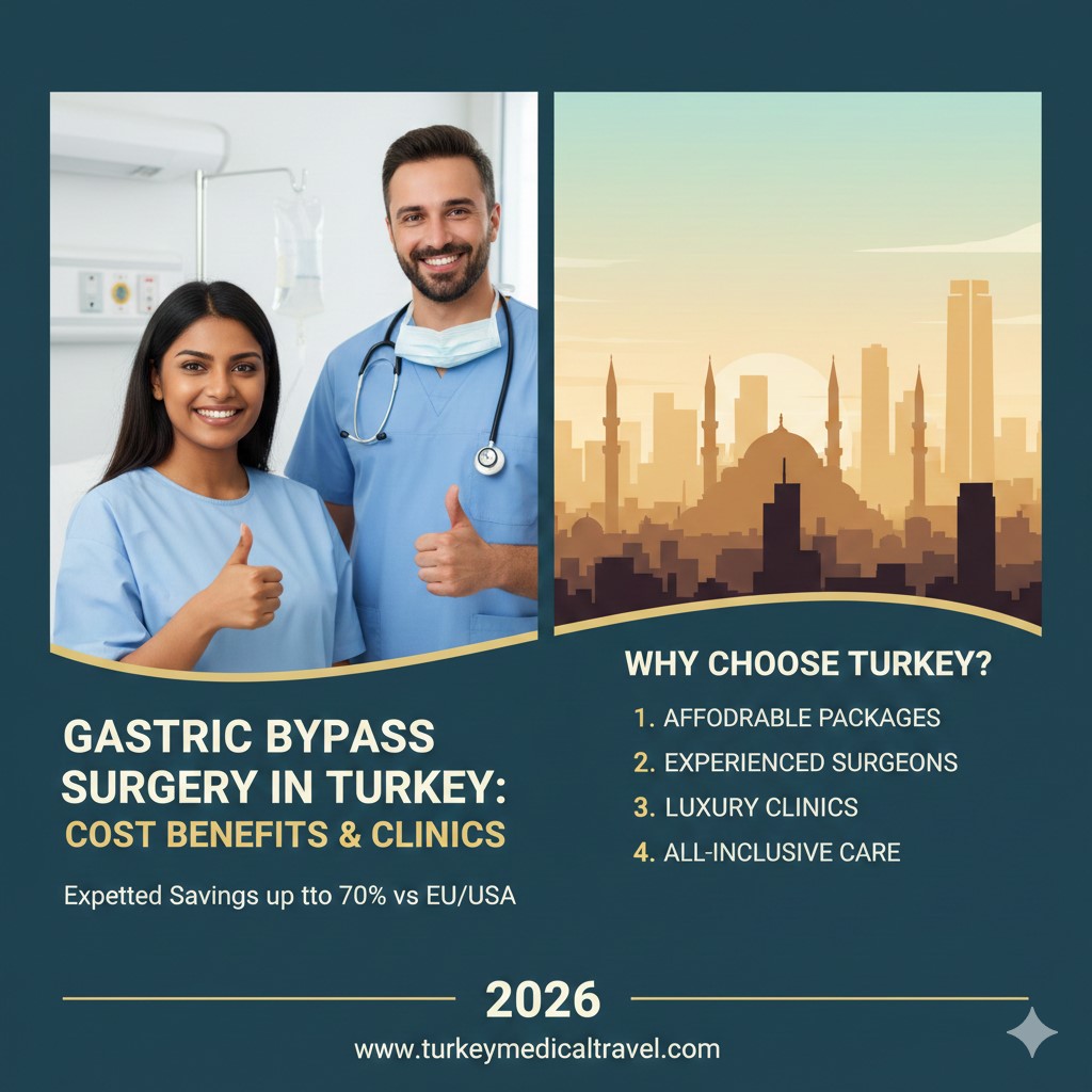 An educational graphic about gastric bypass surgery in Turkey for 2026. On the left, a smiling patient and a male doctor give a thumbs-up. On the right, a silhouette of the Istanbul skyline. Text highlights affordable packages, experienced surgeons, luxury clinics, and savings of up to 70% compared to the EU and USA.