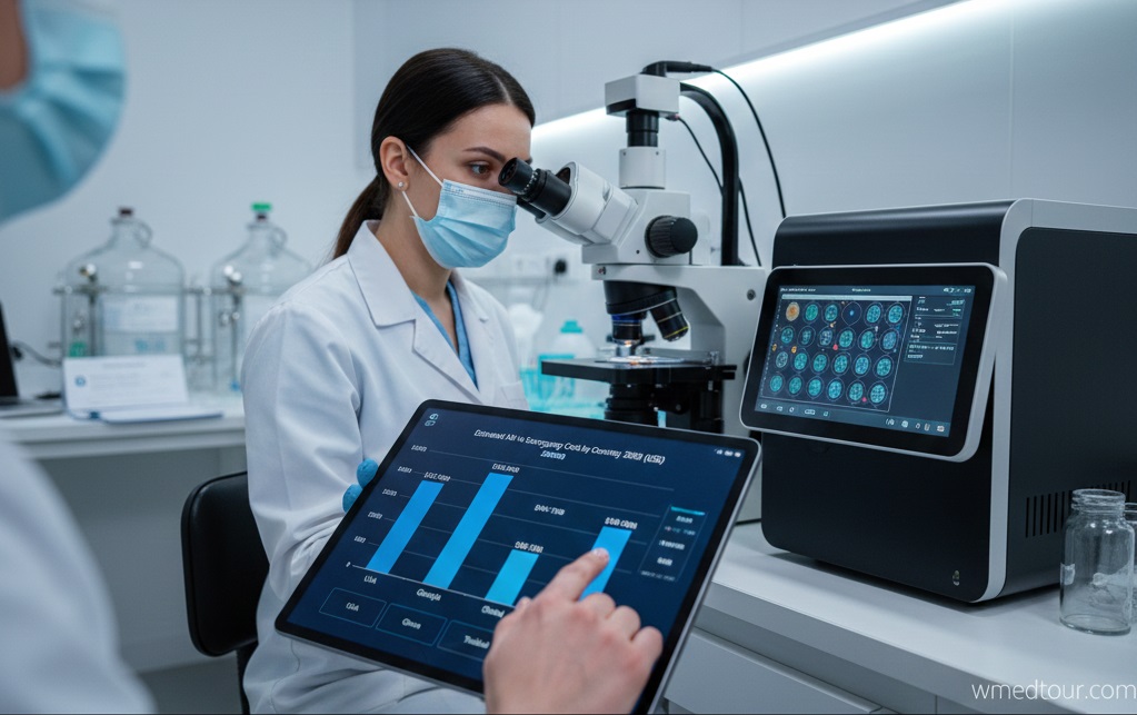 Digital screen displaying a bar chart comparing the estimated all-in surrogacy costs in USD for major regions in 2026, highlighting the wide cost disparities between high-cost and emerging markets.
