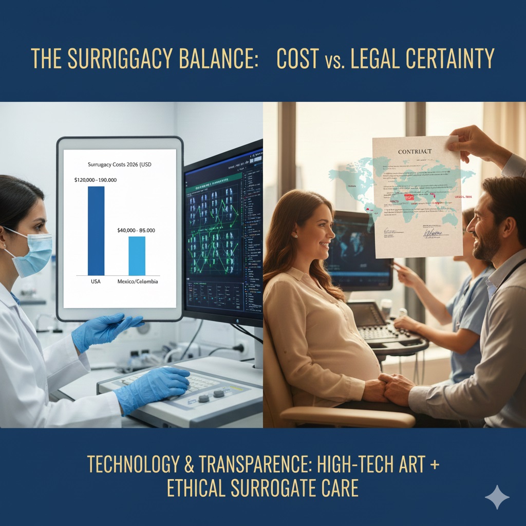 Digital collage: A glowing world map and '2026' globe connected by network lines to diverse intended parents and families, alongside data charts showing surrogacy costs and a tender photo of a couple with their newborn. Watermark: wmedtour.com.