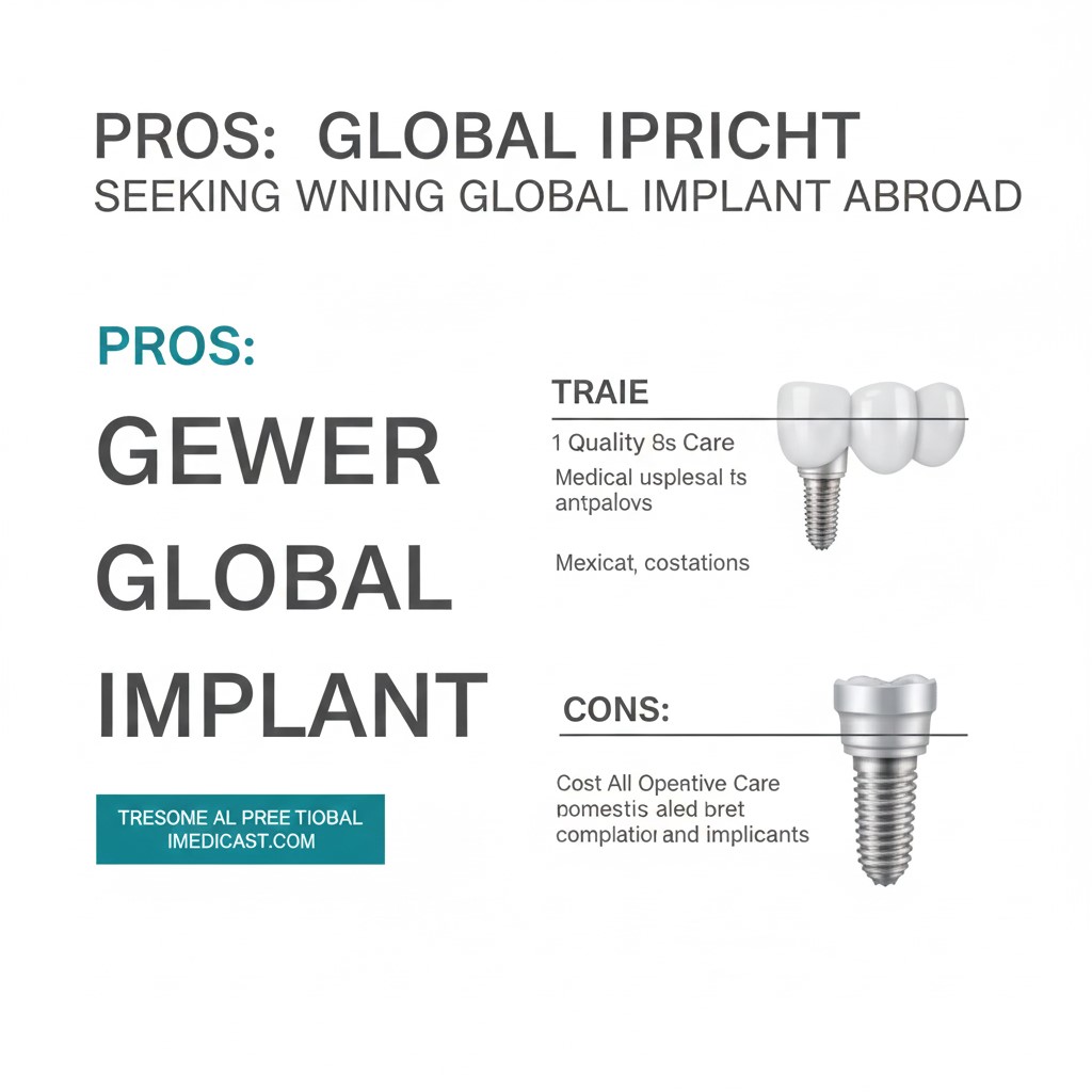 Describes the image content for visually impaired users and for SEO. Focus on the text and main visual elements.Suggestion: Infographic titled 'Pros and Cons of Seeking Global Implant Abroad.' The 'PROS' section mentions 'GEWER GLOBAL IMPLANT' and 'TRAIE: 1 Quality 6s Care, Medical usplesal ts antpalovs, Mexicat, costations.' The 'CONS' section lists: 'Cost All Openetive Care pomestis aled bret complatior and implicants.' Features stylized illustrations of a dental bridge supported by an implant (Pros) and a single dental implant (Cons).