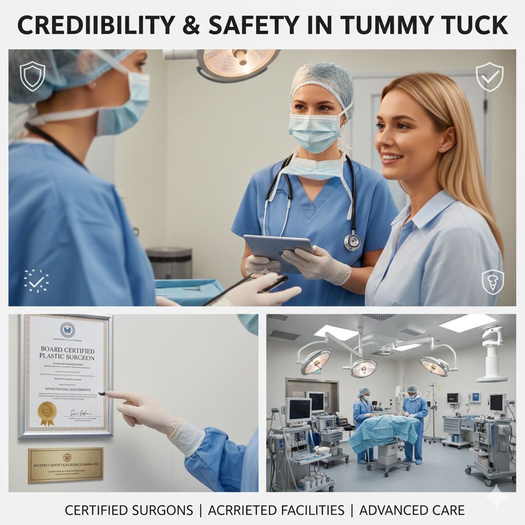 A collage of images illustrating credibility and safety in Tummy Tuck surgery. The top image shows a surgeon and a medical professional reassuring a patient. The bottom left shows a "Board Certified Plastic Surgeon" certificate being pointed to. The bottom right shows a sterile, advanced operating room with surgeons preparing for a procedure. The text reads: "Credibility & Safety in Tummy Tuck" and "Certified Surgeons | Accredited Facilities | Advanced Care.