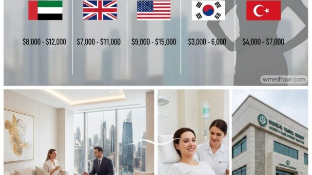 A graphic comparing the cost of a Tummy Tuck (Abdominoplasty) in five countries. Prices range from: Dubai ($8,000 - $12,000), UK ($7,000 - $11,000), US ($9,000 - $15,000), S. Korea ($3,000 - $6,000), and Turkey ($4,000 - $7,000). The graphic also features images of a modern clinic consultation, a patient with a nurse, and a medical tourism center building.