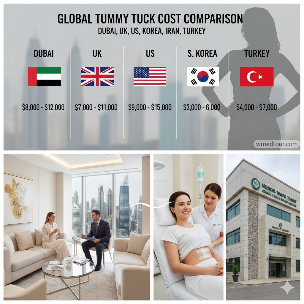 A graphic comparing the cost of a Tummy Tuck (Abdominoplasty) in five countries. Prices range from: Dubai ($8,000 - $12,000), UK ($7,000 - $11,000), US ($9,000 - $15,000), S. Korea ($3,000 - $6,000), and Turkey ($4,000 - $7,000). The graphic also features images of a modern clinic consultation, a patient with a nurse, and a medical tourism center building.