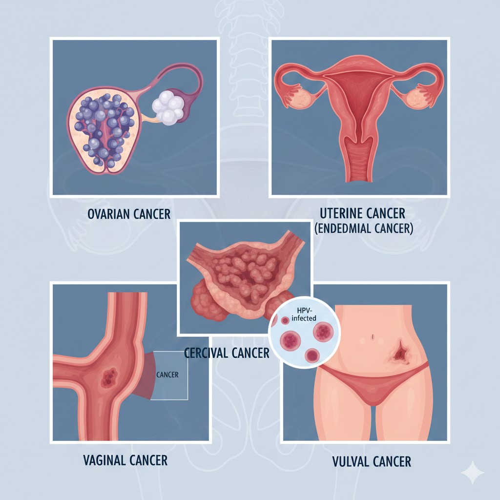 A medical infographic displaying five anatomical diagrams of the female reproductive system, each highlighting a different type of cancer: Ovarian, Uterine (Endometrial), Cervical, Vaginal, and Vulval. The diagrams show the location of tumors and include a small inset circle representing HPV-infected cells near the cervical section.