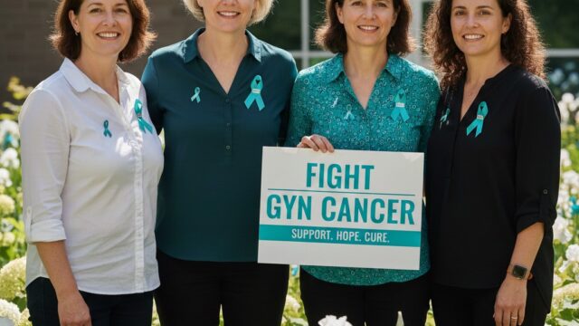 Four women standing in a garden of white flowers, wearing teal awareness ribbons and holding a sign that reads "FIGHT GYN CANCER: SUPPORT. HOPE. CURE.