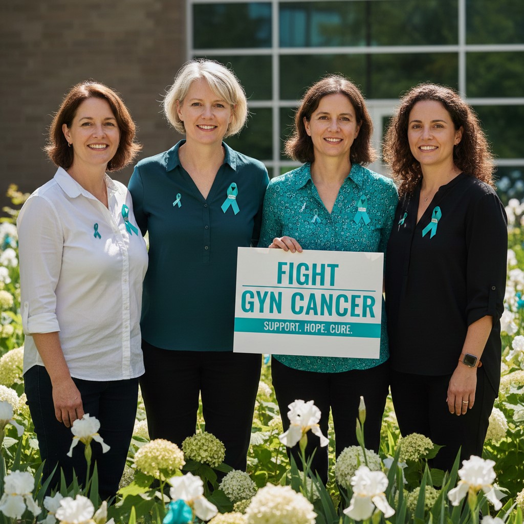 Four women standing in a garden of white flowers, wearing teal awareness ribbons and holding a sign that reads "FIGHT GYN CANCER: SUPPORT. HOPE. CURE.
