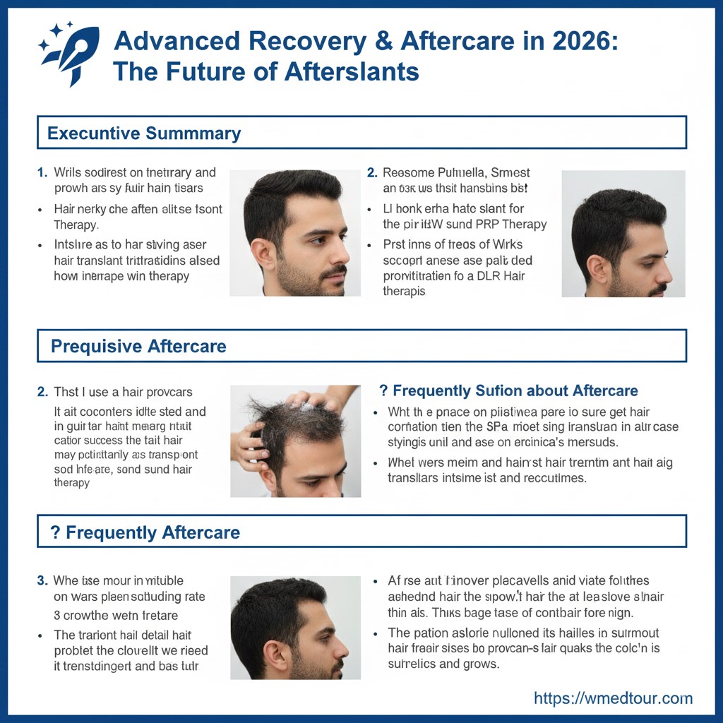 Infographic showing advanced hair transplant recovery steps and aftercare tips for 2026 featuring a male patient and hair washing technique.