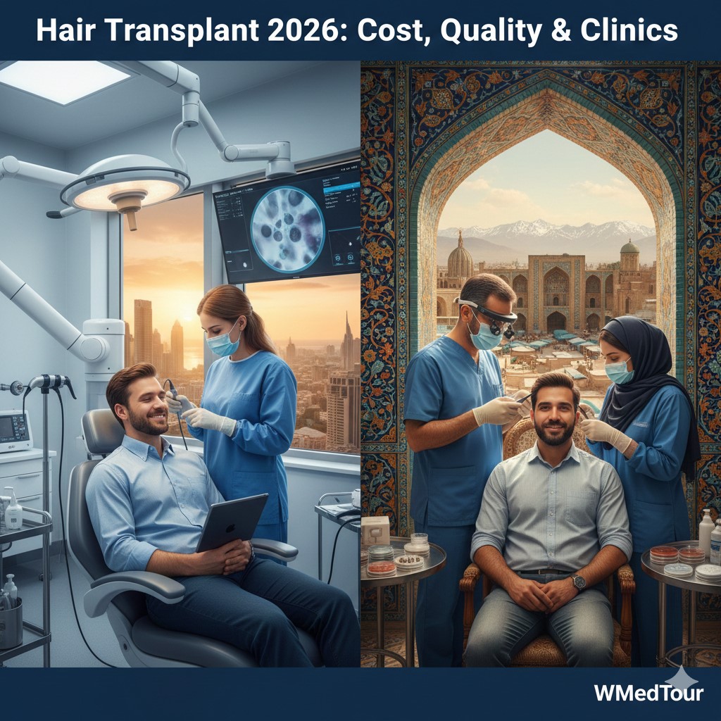 Modern hair transplant surgery procedure in 2026 comparing clinics in Iran, Turkey, and India for cost and quality.