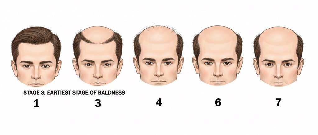 Norwood Scale for Male Pattern Baldness: A diagram showing seven stages of hair loss severity, from Stage 1 (full head of hair) to Stage 7 (severe baldness with only a band of hair remaining around the sides and back).