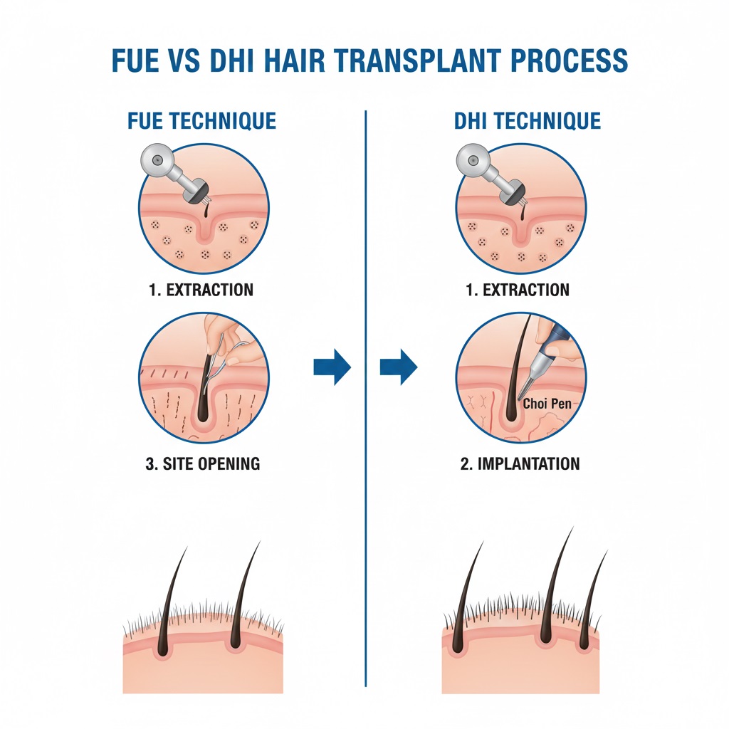 Diagram illustrating the key steps and differences between FUE (Follicular Unit Extraction) and DHI (Direct Hair Implantation) hair transplant procedures, showing graft extraction, channel creation/elimination, and implantation.