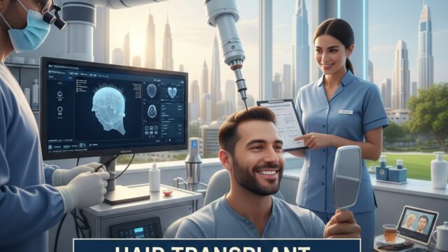 Man smiling in mirror after a robotic hair transplant consultation in a modern Dubai clinic, with a doctor and nurse, and the Dubai skyline visible in the background. Shows expected cost range for 2026.