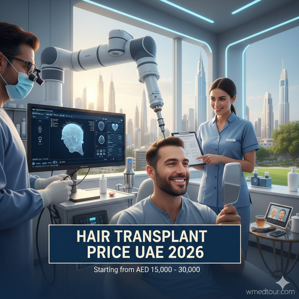 Man smiling in mirror after a robotic hair transplant consultation in a modern Dubai clinic, with a doctor and nurse, and the Dubai skyline visible in the background. Shows expected cost range for 2026.
