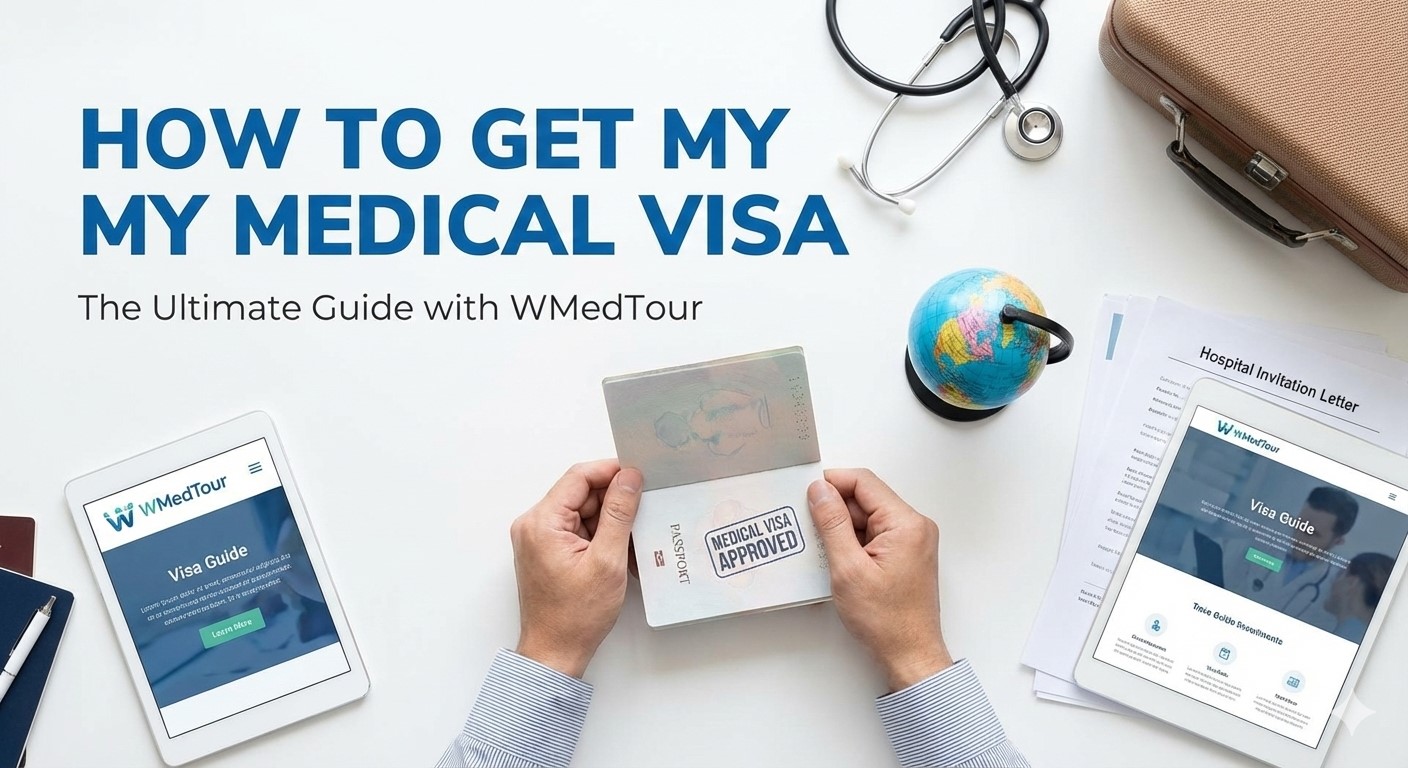 A flat lay desk scene with a person holding a passport stamped "MEDICAL VISA APPROVED". Surrounding items include a stethoscope, a globe, a suitcase, tablets displaying the WMedTour website, and a "Hospital Invitation Letter". Large text at the top reads "HOW TO GET MY MEDICAL VISA" and "The Ultimate Guide with WMedTour".