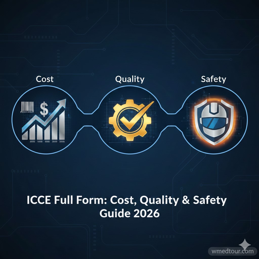 Digital graphic illustrating the ICCE 2026 framework: cost efficiency (dollar sign and bar chart), quality assurance (gold gear and checkmark), and safety compliance (shield and hard hat).