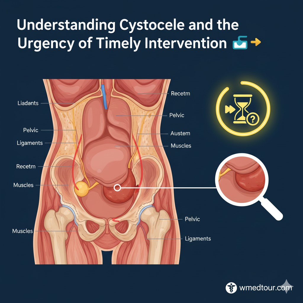Medical diagram showing a cross-section of the female pelvic area, highlighting the bladder prolapsing (cystocele) into the vagina due to weakened pelvic ligaments and muscles. A magnifying glass focuses on the prolapse. Includes hourglass and question mark icon indicating urgency. Watermark: wmedtour.com.