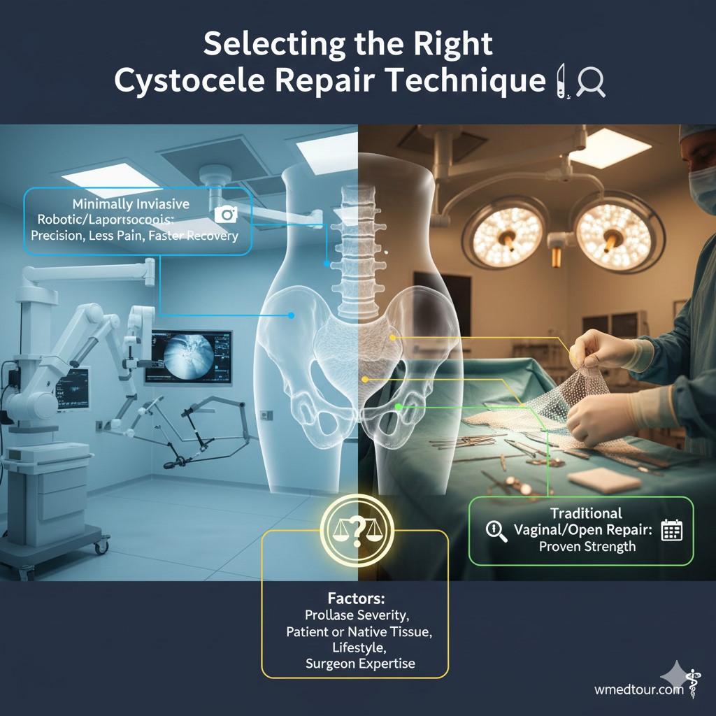 Diagram comparing three cystocele surgical options: traditional transvaginal, laparoscopic or abdominal mesh-based repair, and robotic surgery, emphasizing the critical decision-making process.