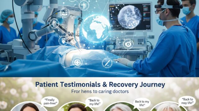 Robotic cystocele surgery in progress with surgeons, showing a glowing globe network overlay and four inset photos of smiling women offering patient testimonials. Watermark: wmedtour.com.