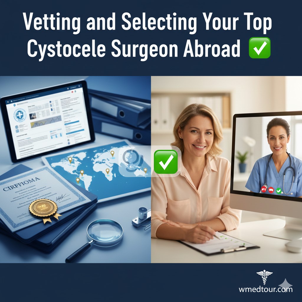 Split image showing medical due diligence on the left and a virtual consultation on the right. The left side features a map with pinpoints, a magnifying glass, a tablet displaying medical records, and a gold-sealed medical certification. The right side shows a smiling female patient talking via video conference on a desktop monitor with a female surgeon in scrubs and a stethoscope. The image promotes medical tourism for cystocele surgery.