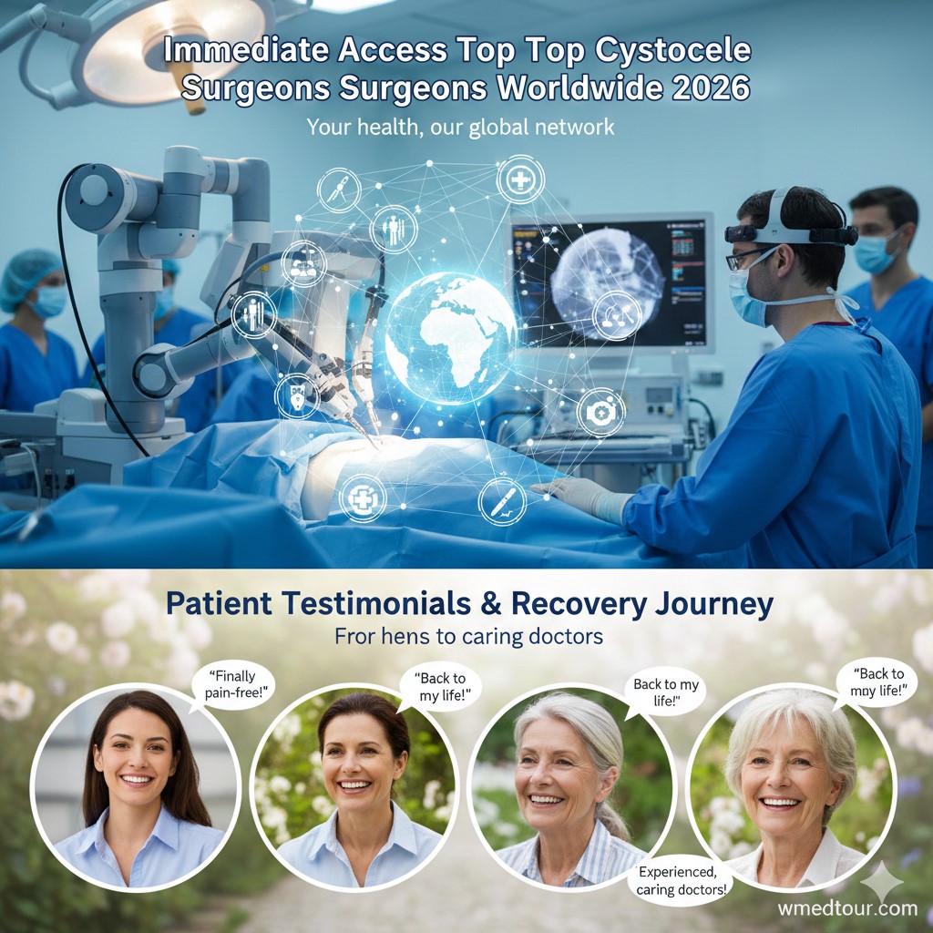 Robotic cystocele surgery in progress with surgeons, showing a glowing globe network overlay and four inset photos of smiling women offering patient testimonials. Watermark: wmedtour.com.