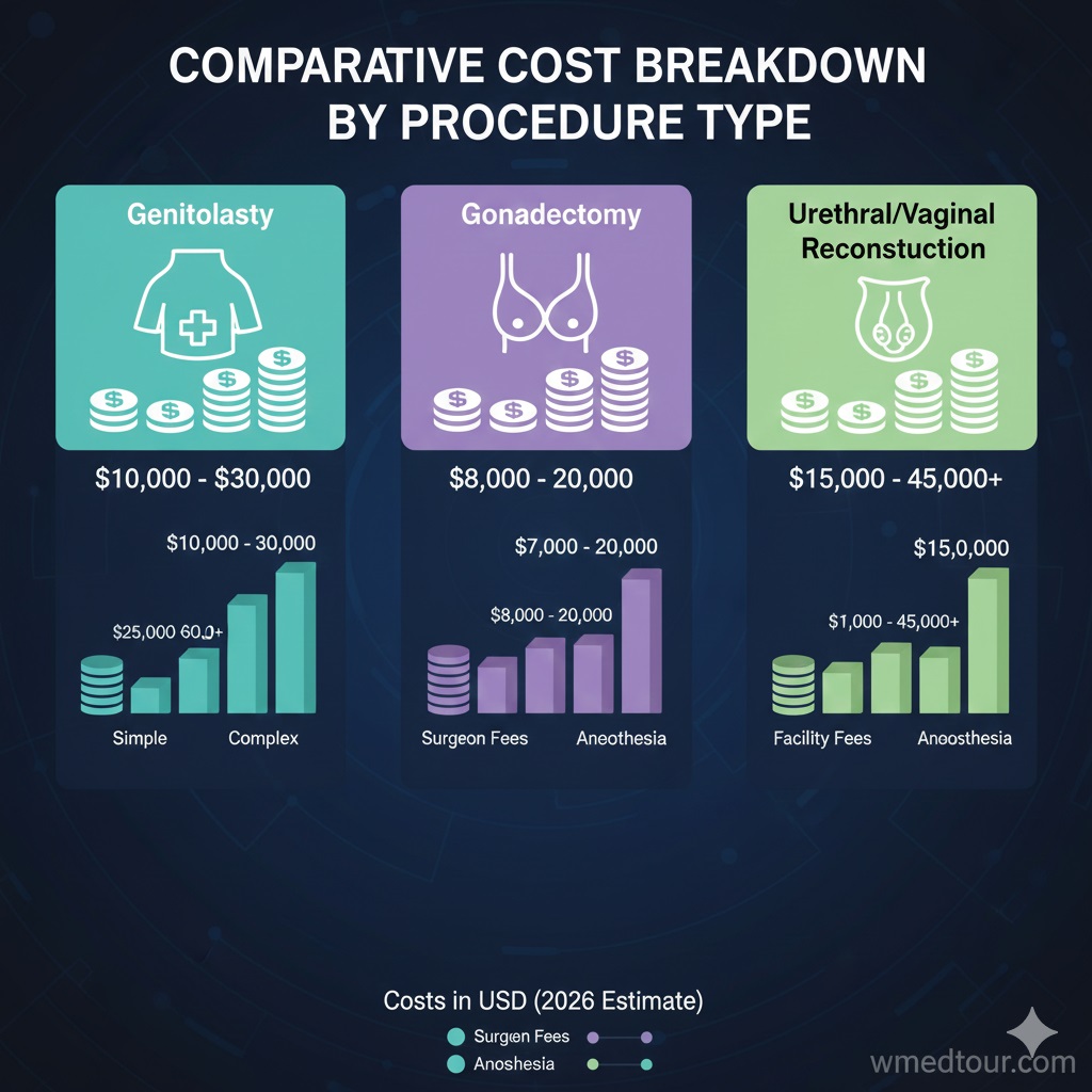 Graphic showing comparative costs for intersex surgeries with currency symbols and medical icons, providing a financial guide to procedures in 2026.