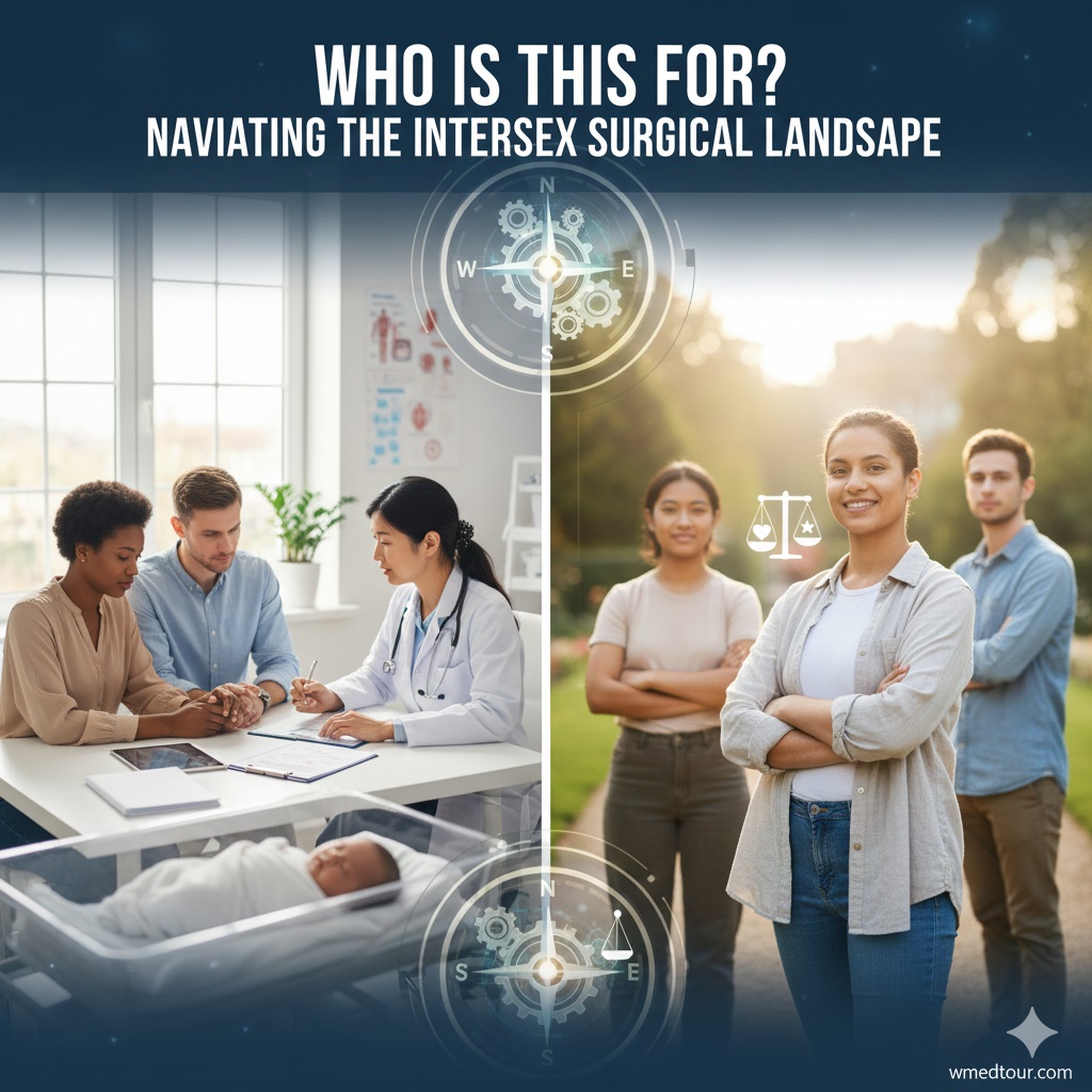 Visual of a complex map or compass symbolizing the intersex surgical journey, highlighting the different ethical decisions for minors (parental consent) versus adults (autonomy).