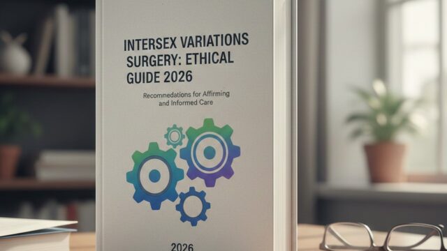 A thick, white hardcover book titled "INTERSEX VARIATIONS SURGERY: ETHICAL GUIDE 2026" stands upright on a wooden desk. The cover features a blue and green interlocking gear logo.