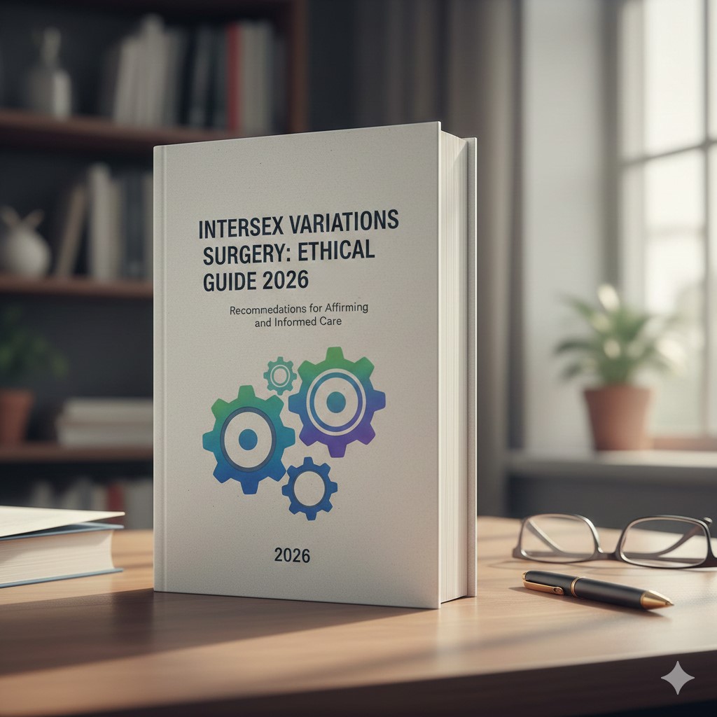 A thick, white hardcover book titled "INTERSEX VARIATIONS SURGERY: ETHICAL GUIDE 2026" stands upright on a wooden desk. The cover features a blue and green interlocking gear logo.