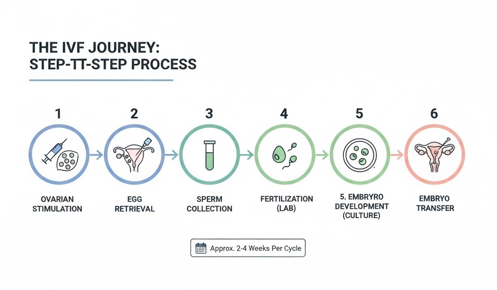 Infographic showing the 6 steps of IVF: Ovarian Stimulation, Egg Retrieval, Sperm Collection, Fertilization (Lab), Embryo Development (Culture), and Embryo Transfer.