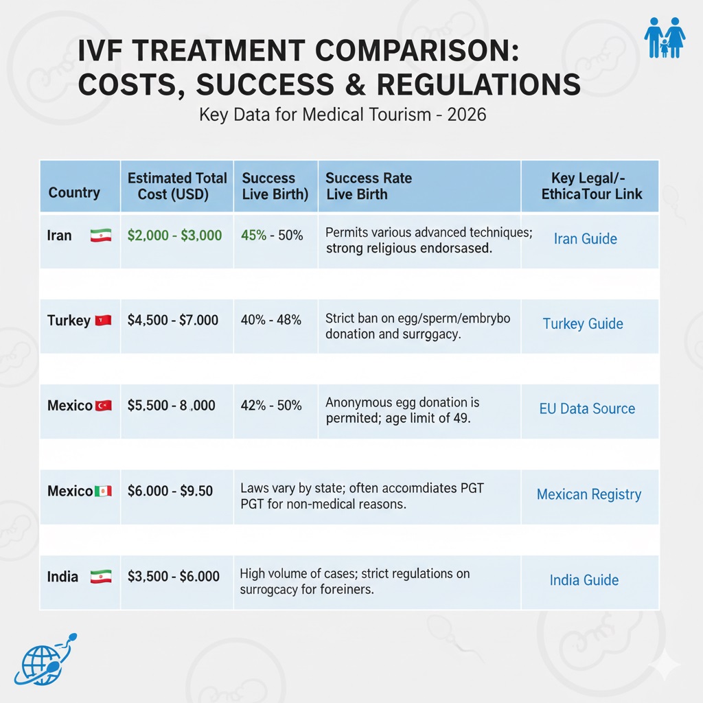 A choropleth map of the world showing variations in fertility success rates, ranging from low (blue) to high (red/orange). The region of Iran and surrounding countries appears in the higher success rate range (orange).