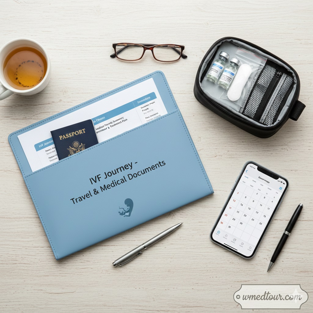 Flat lay of IVF travel essentials: blue document folder labeled 'IVF Journey - Travel & Medical Documents', passport, glasses, pen, phone showing a calendar app, and a medical kit bag with medication vials.