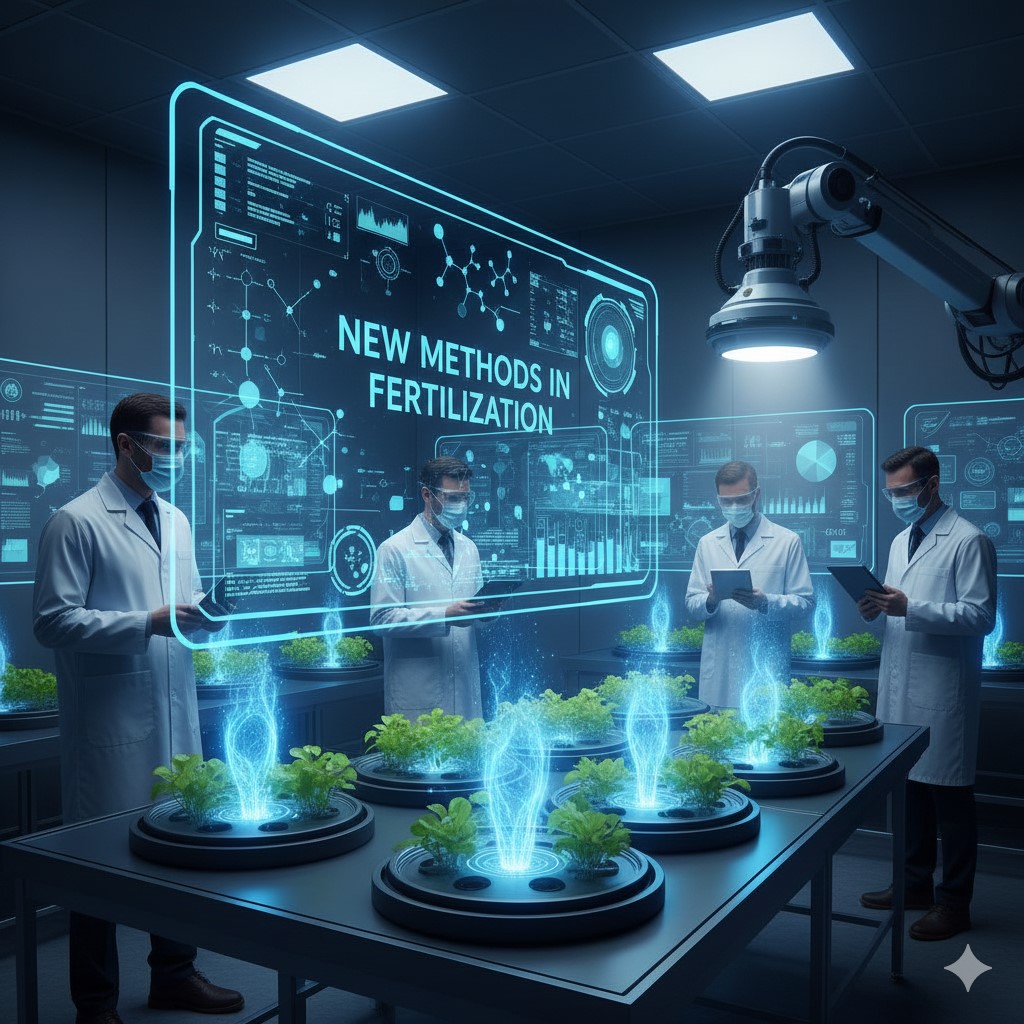 A high-tech laboratory where scientists in white coats monitor glowing, holographic plants on circular hydroponic pods under a large digital display.