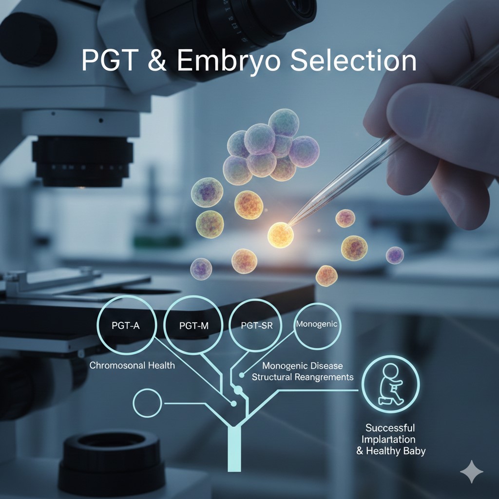 A conceptual laboratory scene showing a hand using a pipette to select a glowing embryo. Infographic elements branch out to label PGT-A, PGT-M, and PGT-SR, leading to an icon representing a healthy baby.