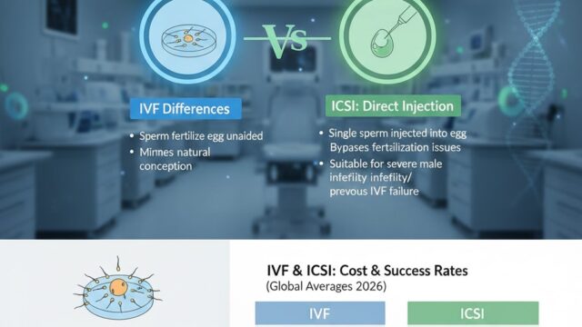 An infographic titled "IVF or ICSI? Complete Differences + Cost + Success Rates 2026." It features a side-by-side comparison of In Vitro Fertilization (IVF) and Intracytoplasmic Sperm Injection (ICSI). The IVF section illustrates sperm fertilizing an egg unaided in a dish, while the ICSI section shows a single sperm being injected directly into an egg. A data table at the bottom lists global average costs around $18,000 for both, with success rates categorized by age (Under 35: 45-48% for IVF; 40% for ICSI).