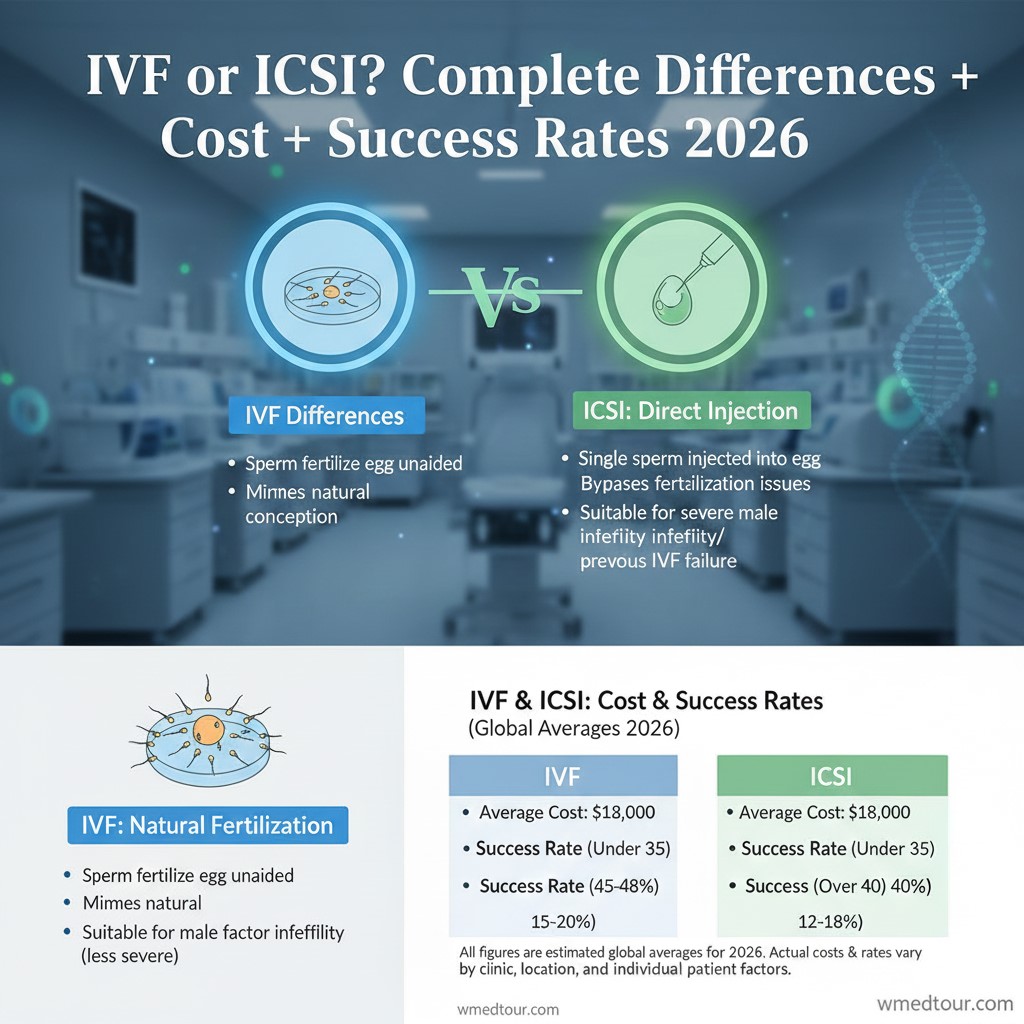 An infographic titled "IVF or ICSI? Complete Differences + Cost + Success Rates 2026." It features a side-by-side comparison of In Vitro Fertilization (IVF) and Intracytoplasmic Sperm Injection (ICSI). The IVF section illustrates sperm fertilizing an egg unaided in a dish, while the ICSI section shows a single sperm being injected directly into an egg. A data table at the bottom lists global average costs around $18,000 for both, with success rates categorized by age (Under 35: 45-48% for IVF; 40% for ICSI).