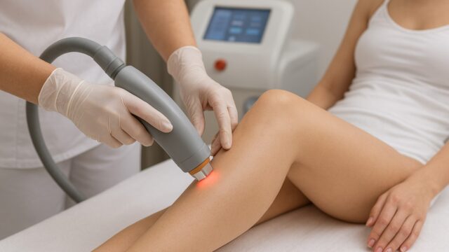 Medical professional performing diode laser hair removal on a woman's leg using a handheld device in a clean clinic setting.