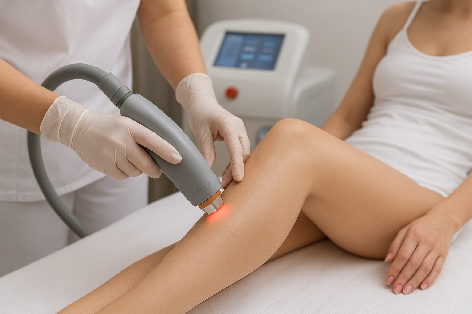 Medical professional performing diode laser hair removal on a woman's leg using a handheld device in a clean clinic setting.