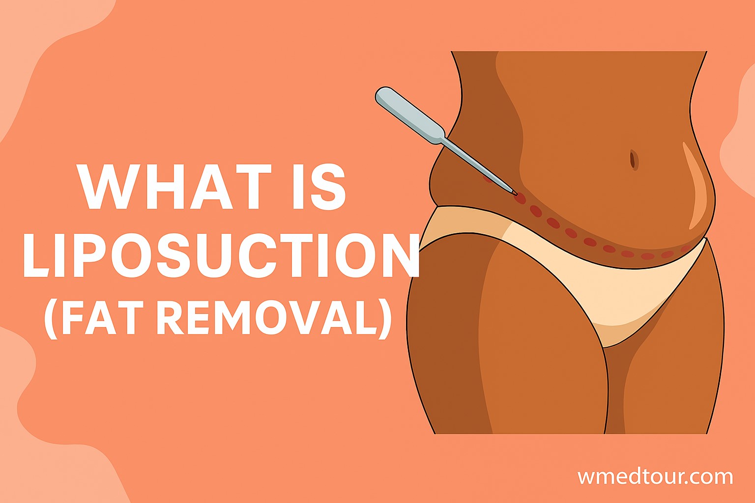 Medical illustration showing liposuction cannula removing fat from the abdomen, with dotted lines marking treatment areas.